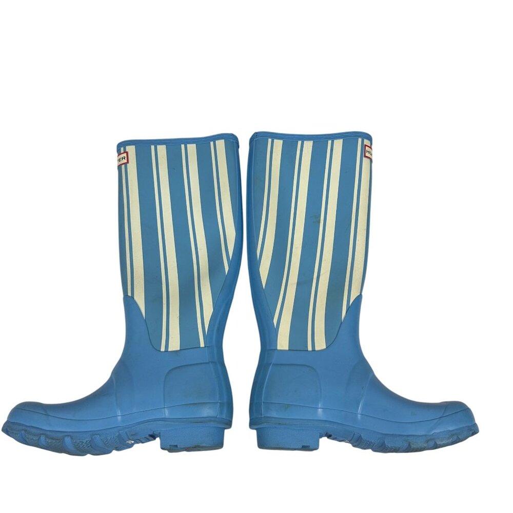 Hunter Womens Blue & Cream Striped Tall Rain Boots Size 5